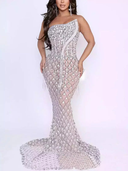 Jewel Embellished Corset Gown With Rhinestone Chains - Dresses