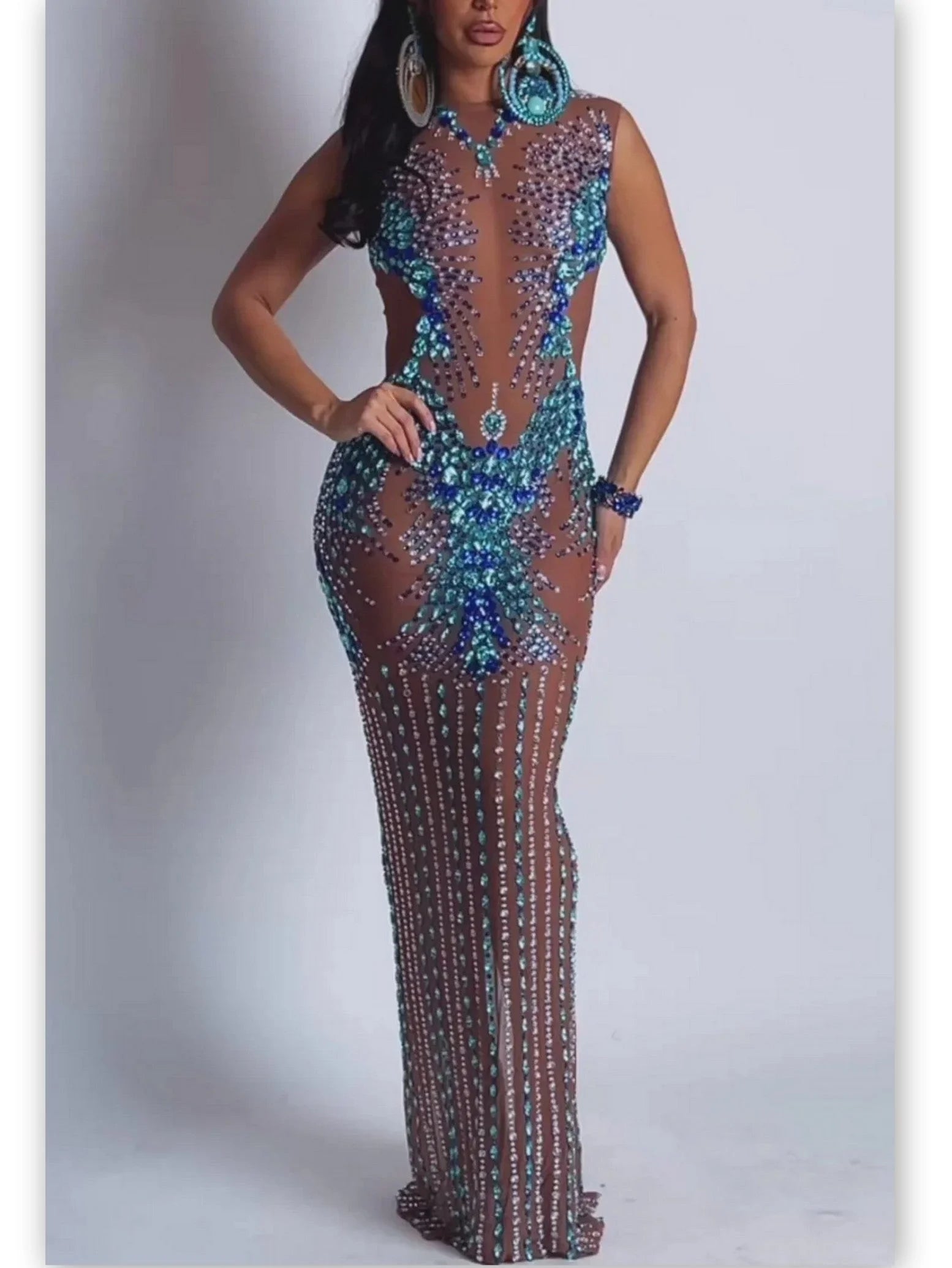 Jewel-Embellished Long Stretch Sheer Dress - Dresses