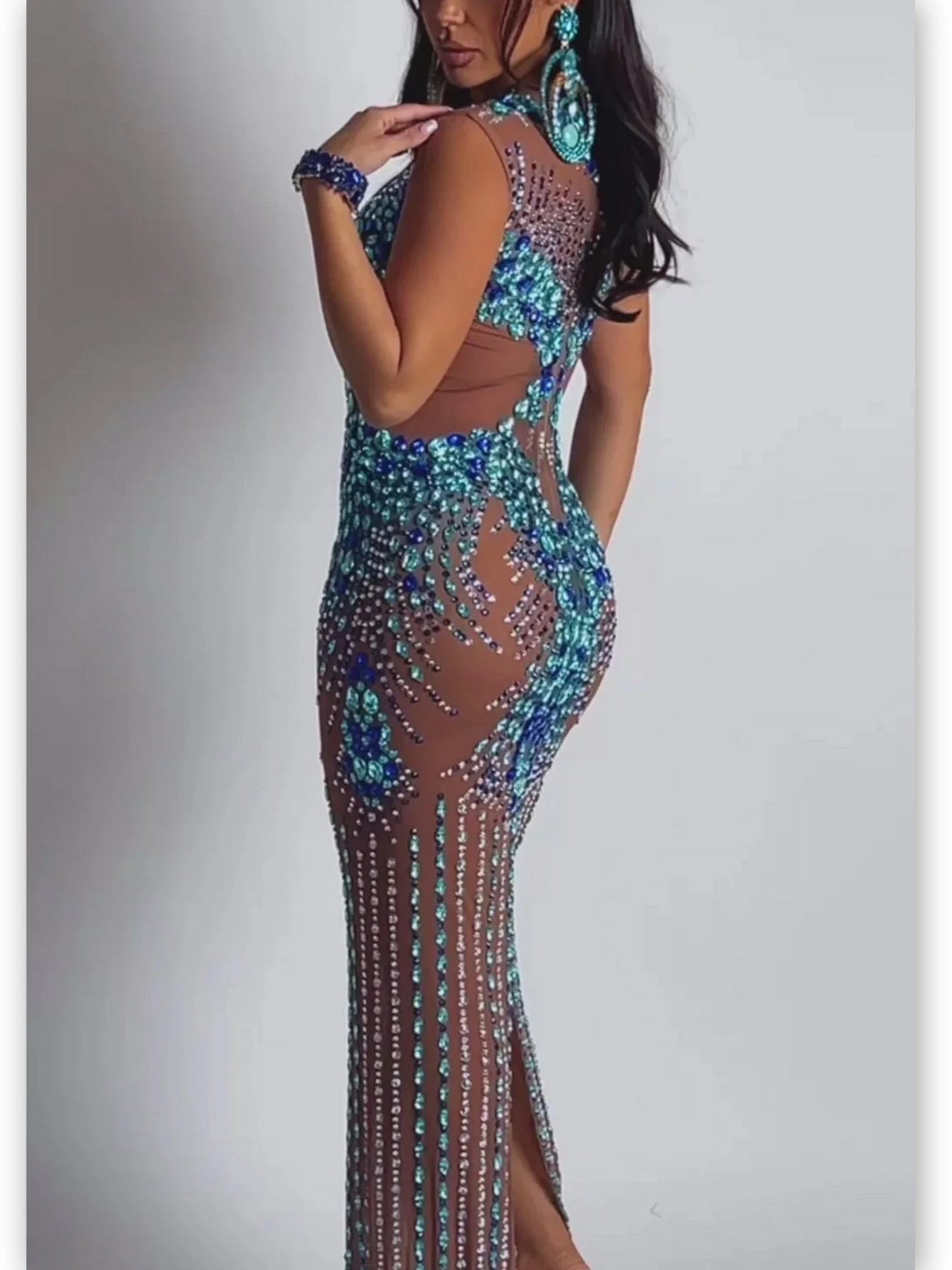 Jewel-Embellished Long Stretch Sheer Dress - Dresses