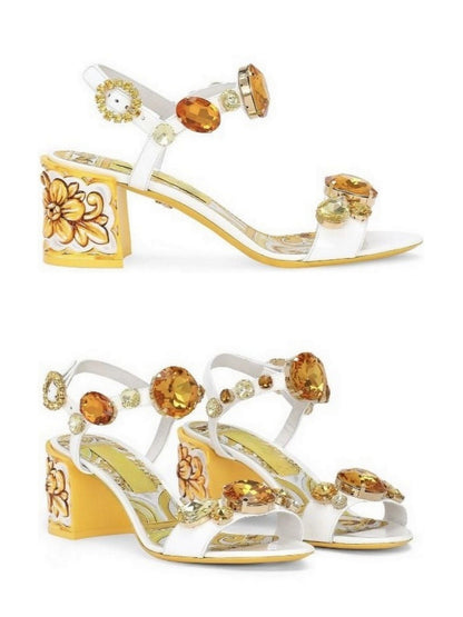 Jewel-Embellished Mules in Yellow Gold and White - Footwear