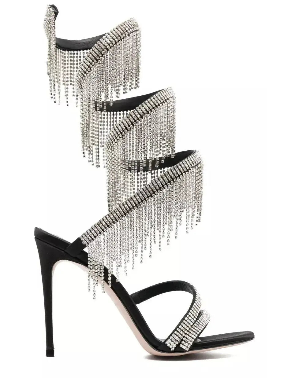 Jewel-Fringed Black Wrap-Around High Heel Gladiator Sandals - Footwear