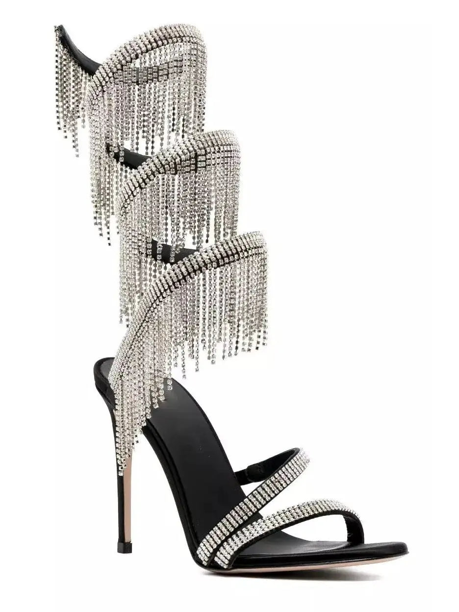 Jewel-Fringed Black Wrap-Around High Heel Gladiator Sandals - Footwear