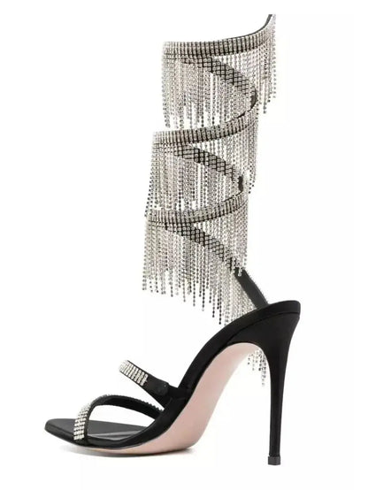 Jewel-Fringed Black Wrap-Around High Heel Gladiator Sandals - Footwear