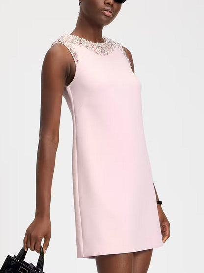 Jewel-Trim Crepe Mini Shift Dress in Pink - Dresses