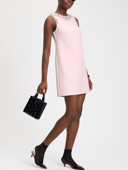 Jewel-Trim Crepe Mini Shift Dress in Pink - Dresses