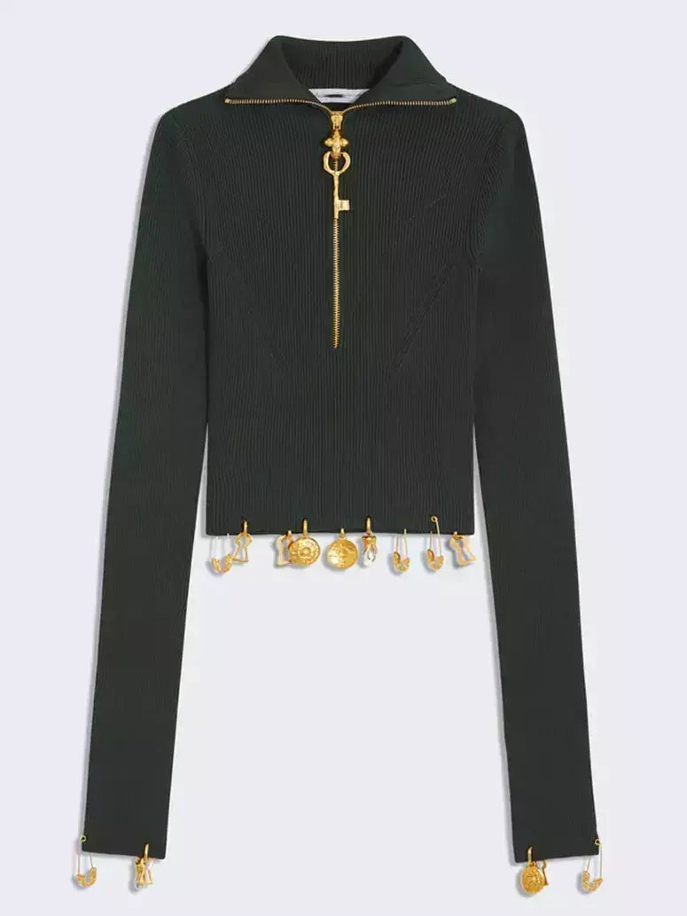 Knit Cropped Sweater and Skirt with Charm Details - Suits & Sets