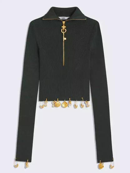 Knit Cropped Sweater and Skirt with Charm Details - Suits & Sets