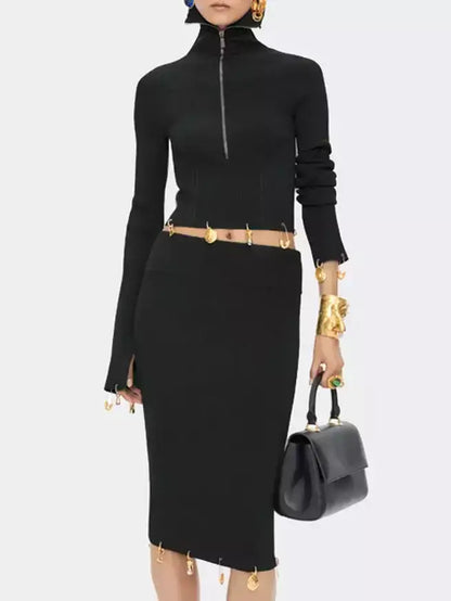 Knit Cropped Sweater and Skirt with Charm Details - Small / Black - Suits & Sets