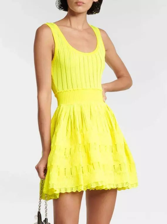 Neon yellow Knit Fit and Flare Skater Tank Dress showcasing vibrant style and comfort