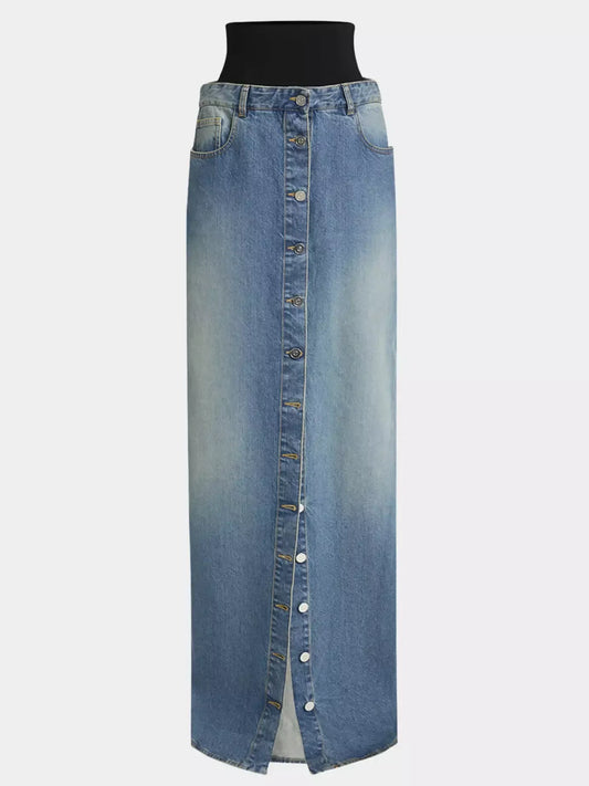 Knit High Waist Button Detailed Denim Skirt - Skirts