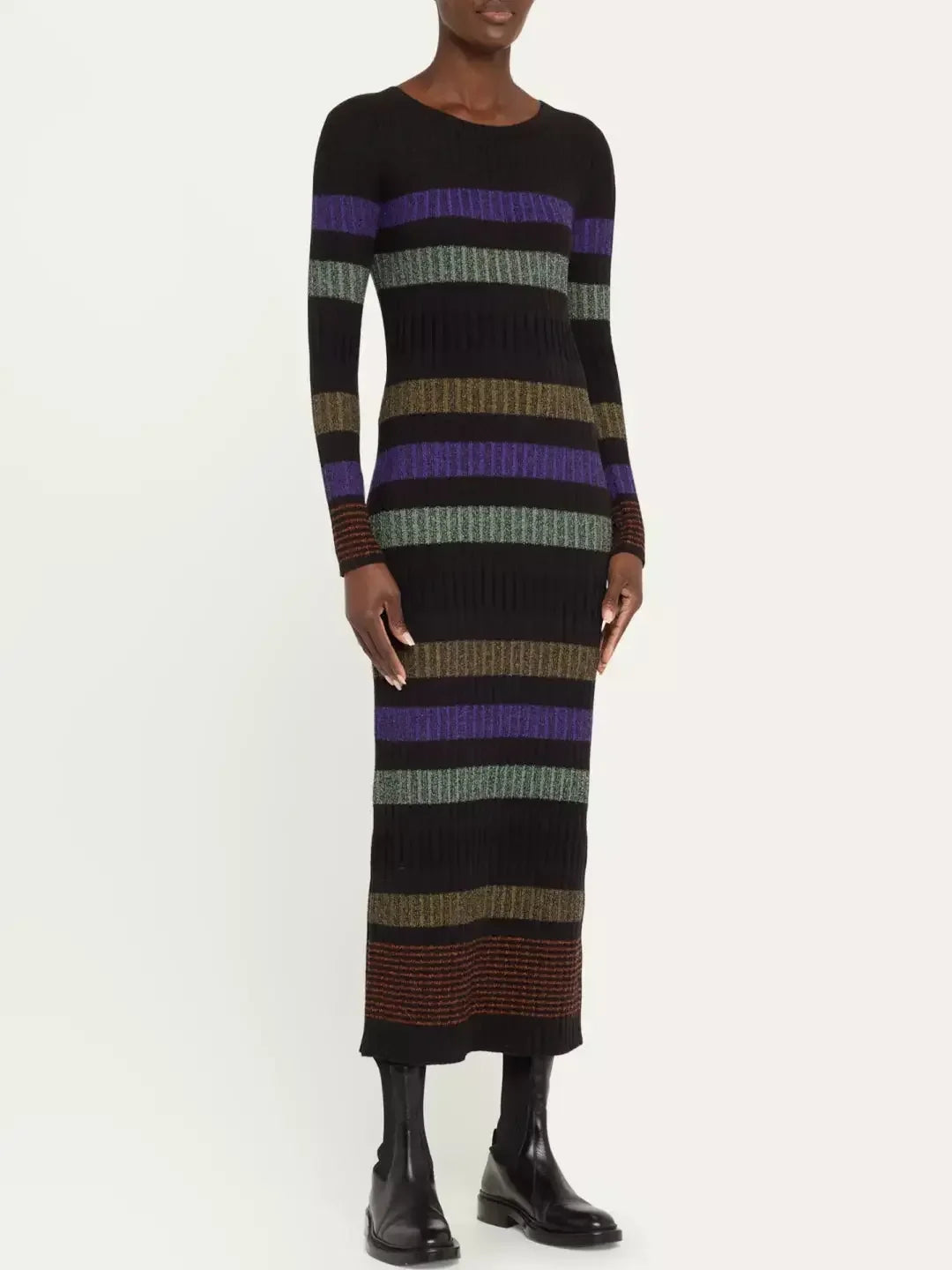 Knit Multicolor Striped Long-Sleeve Midi Sweater Dress - Dresses