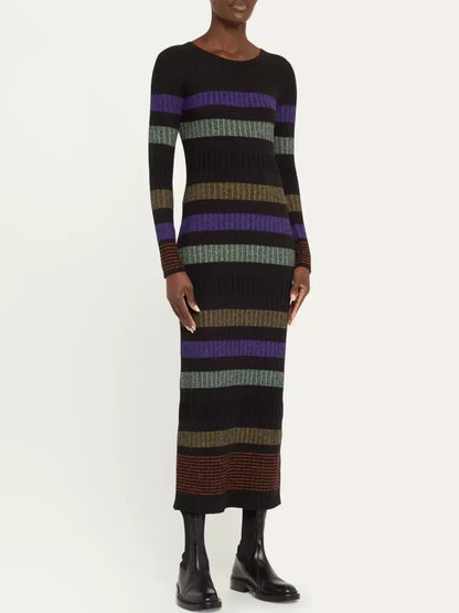 Knit Multicolor Striped Long-Sleeve Midi Sweater Dress - Dresses