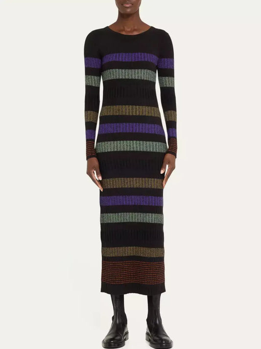 Knit Multicolor Striped Long-Sleeve Midi Sweater Dress - Dresses