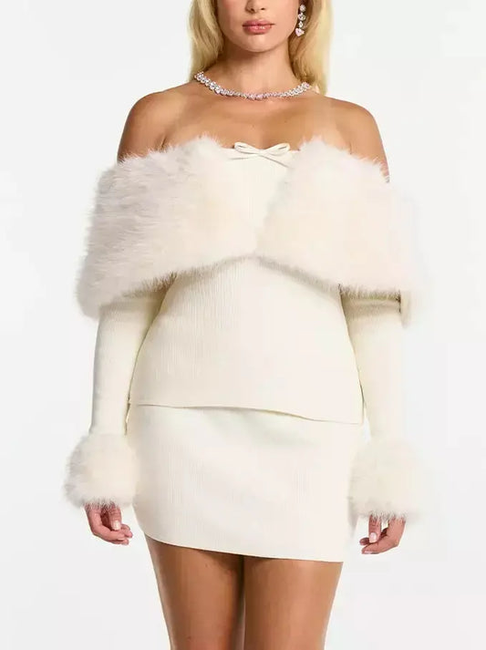 Knit Off-Shoulder Plush Fur Top and Mini Skirt Set - Suits & Sets