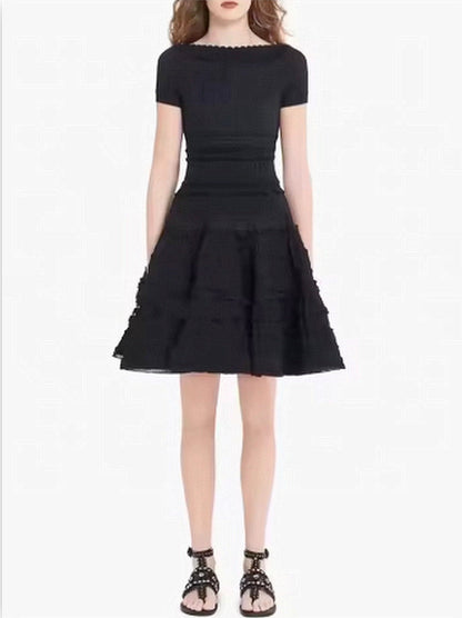 Knit Paneled Ruffled Flared Mini Dress - Dresses