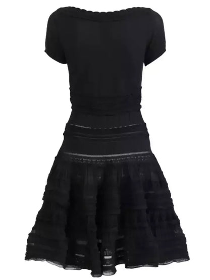 Knit Paneled Ruffled Flared Mini Dress - Dresses