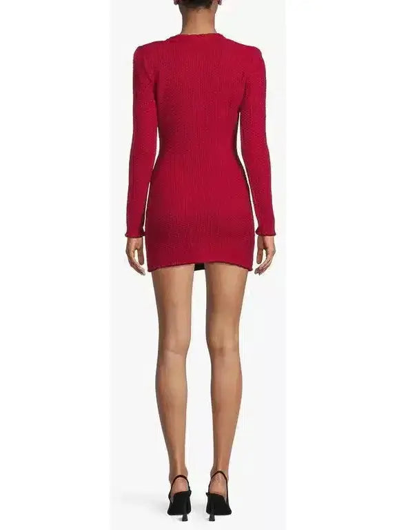 Knit Red Mini Dress with Bow - Dresses