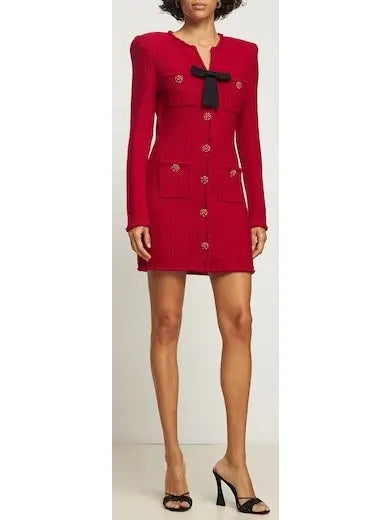 Knit Red Mini Dress with Bow - Dresses