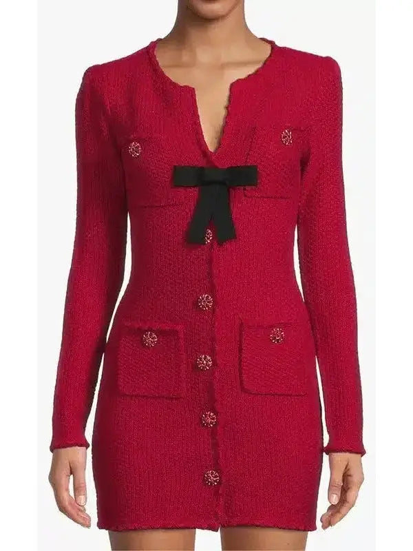 Knit Red Mini Dress with Bow - Dresses