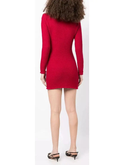 Knit Red Mini Dress with Bow - Dresses