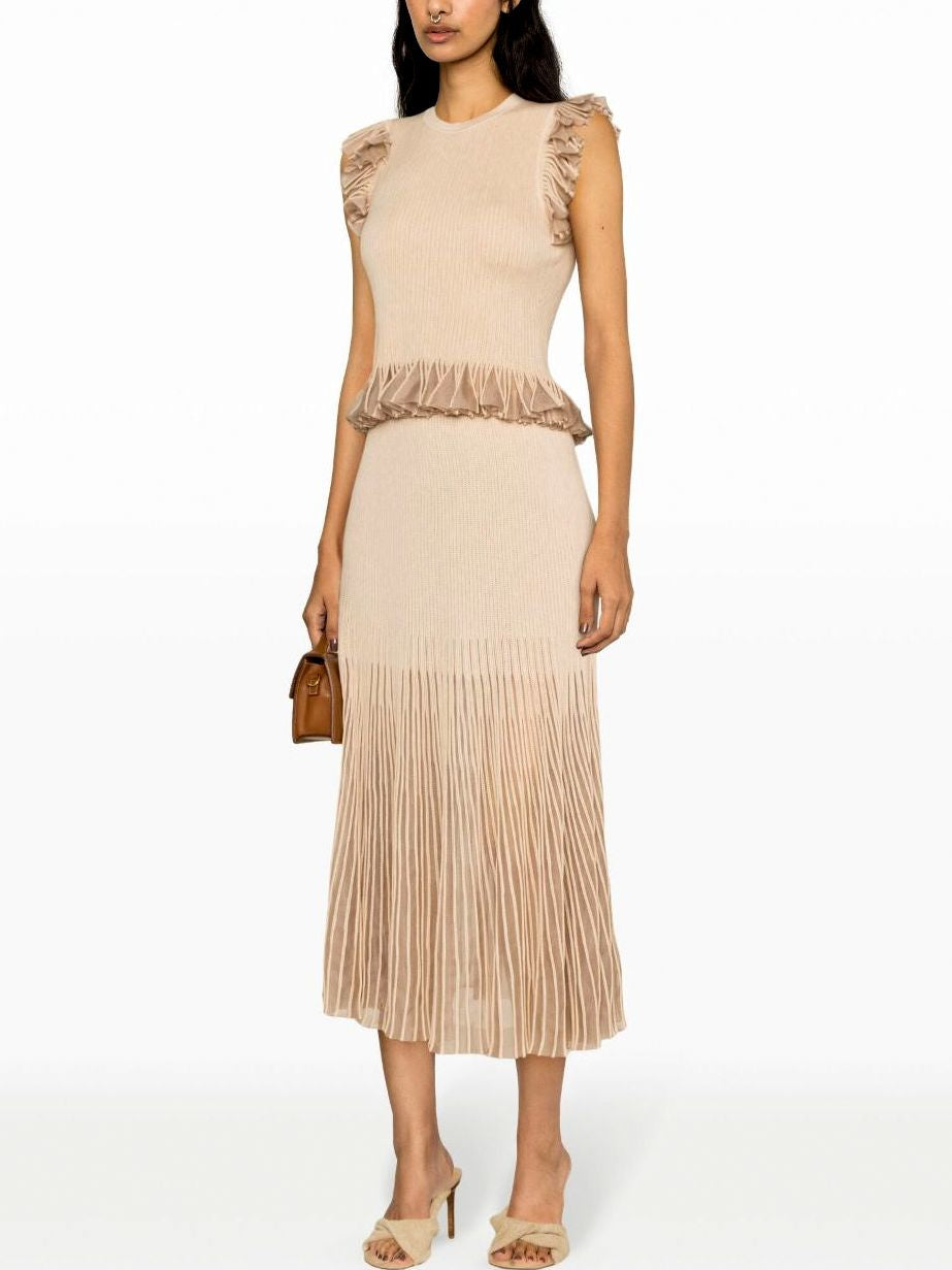 Beige midi dress with pleated skirt from Knit Ruffled Glitter Lurex Detail Skirt Set