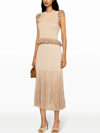 Beige midi dress with pleated skirt from Knit Ruffled Glitter Lurex Detail Skirt Set