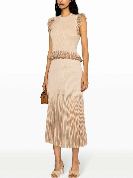 Beige midi dress with pleated skirt from Knit Ruffled Glitter Lurex Detail Skirt Set