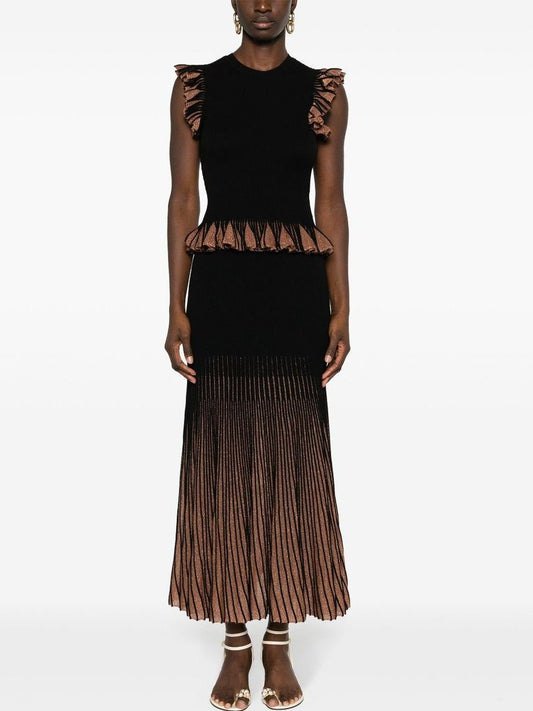 Knit Ruffled Glitter Lurex Detail Black and Tan Ruffled-Trim Dress Set Display