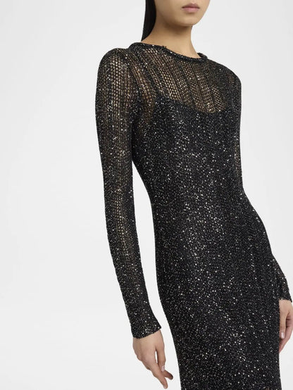 Knit Sheer Sequined Long Dress with Under-Slip - Dresses