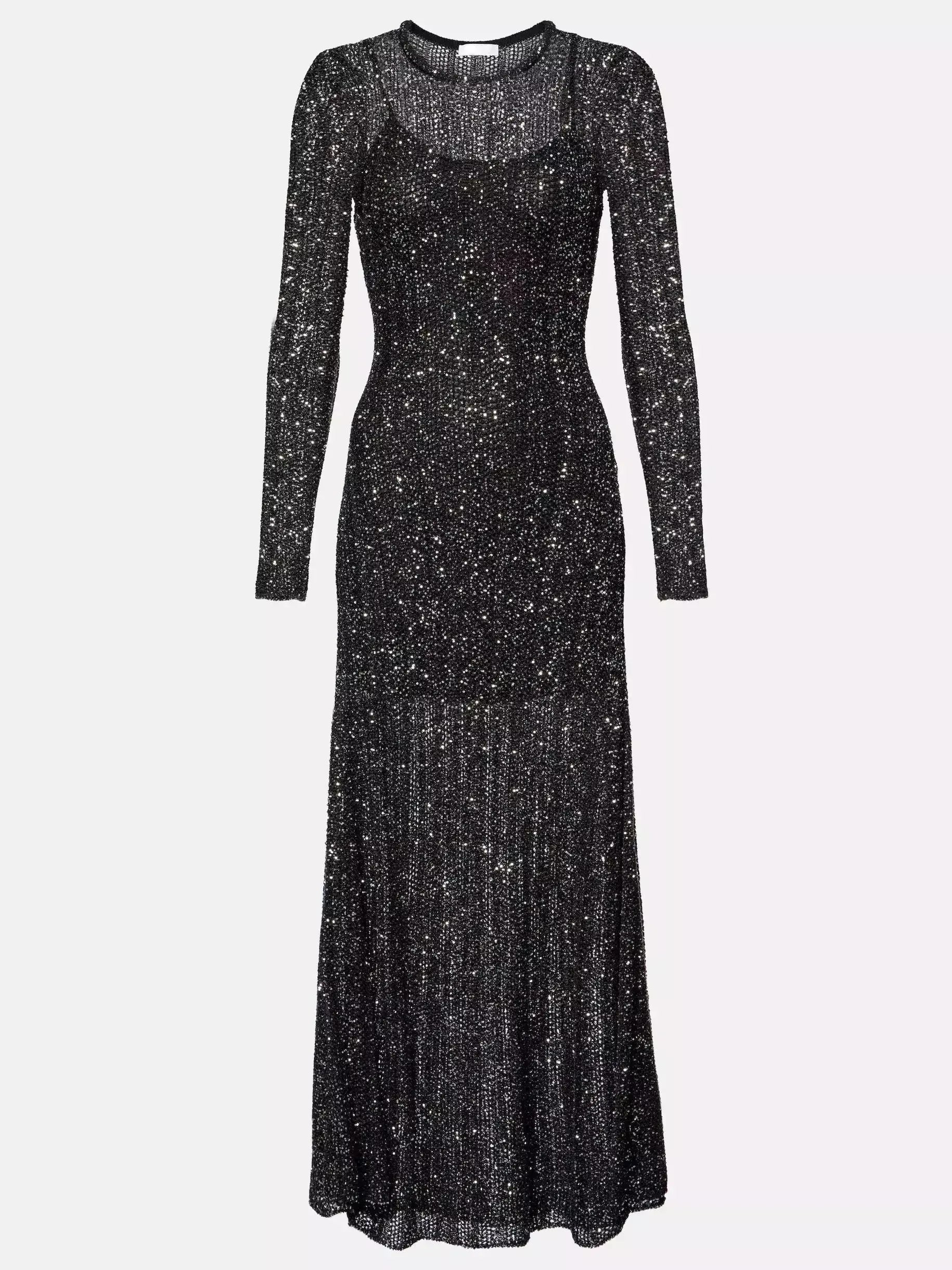 Knit Sheer Sequined Long Dress with Under-Slip - Dresses