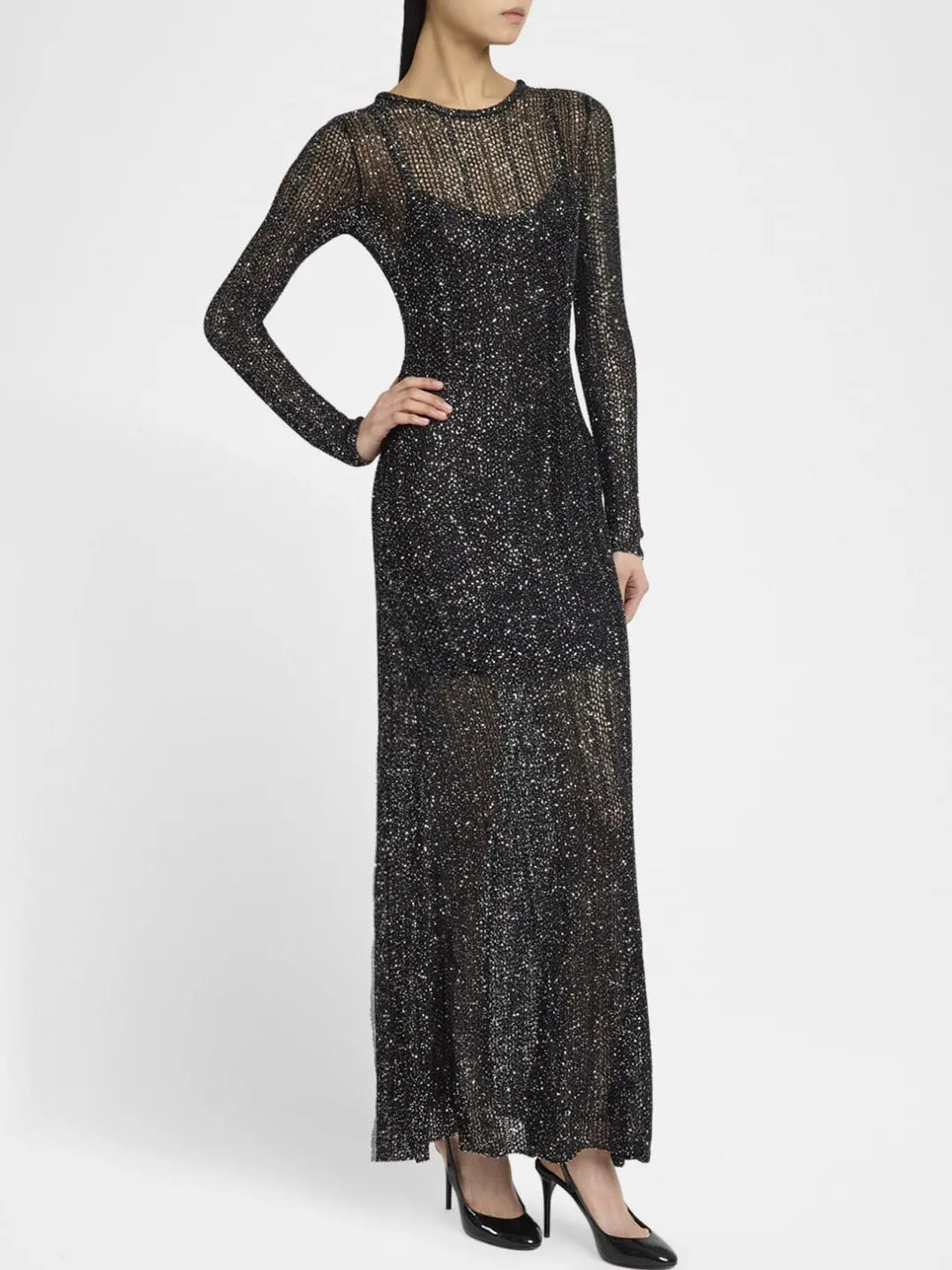 Knit Sheer Sequined Long Dress with Under-Slip - Dresses