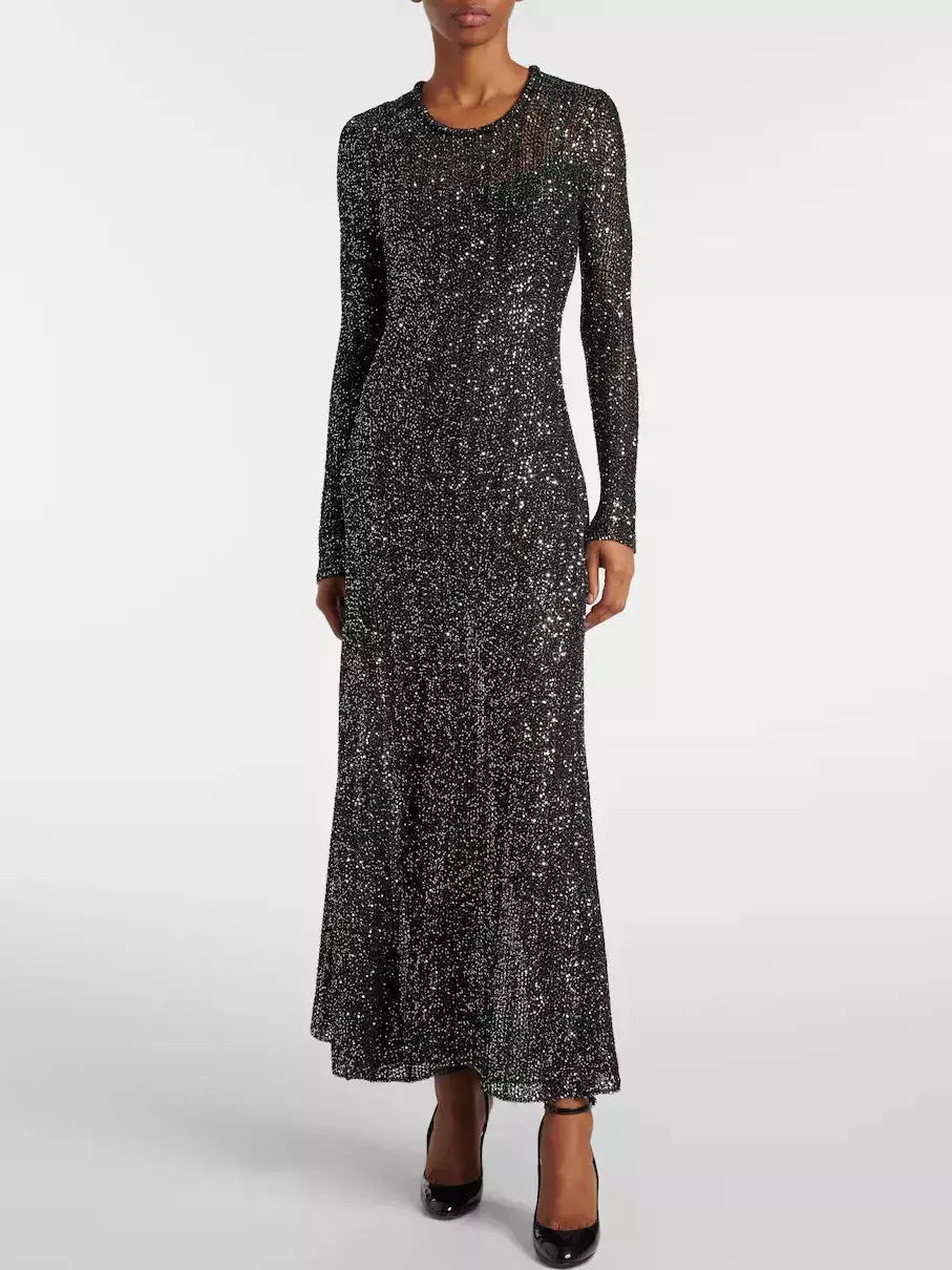 Knit Sheer Sequined Long Dress with Under-Slip - Dresses