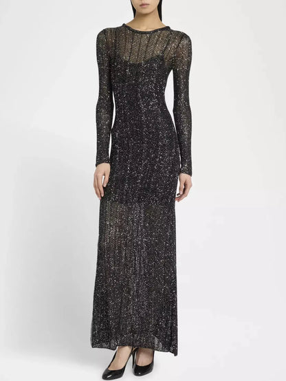 Knit Sheer Sequined Long Dress with Under-Slip - Dresses