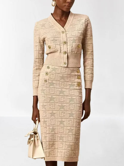 Knit Star and Monogram Motif Cardigan and Skirt Set - Suits & Sets