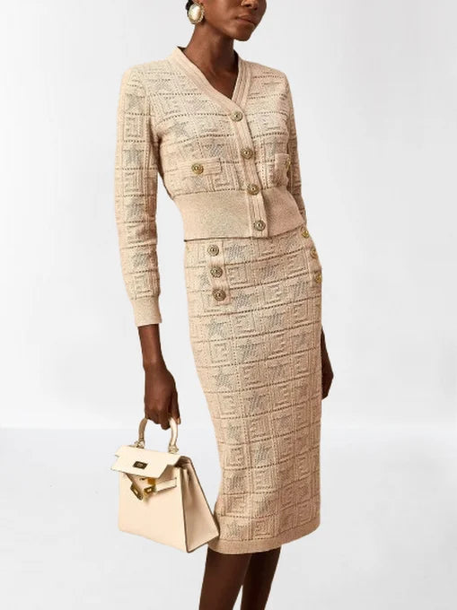 Knit Star and Monogram Motif Cardigan and Skirt Set - Suits & Sets