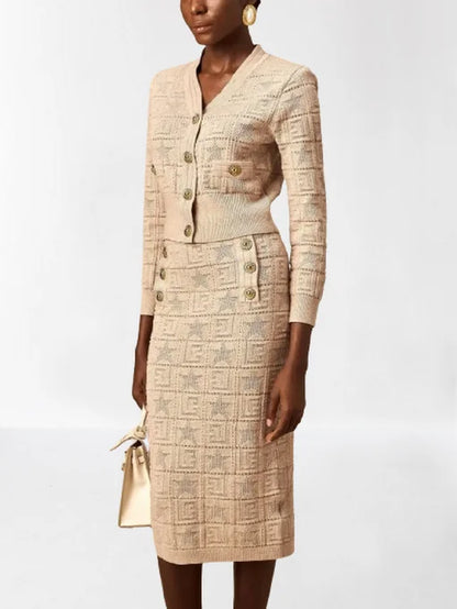 Knit Star and Monogram Motif Cardigan and Skirt Set - Suits & Sets