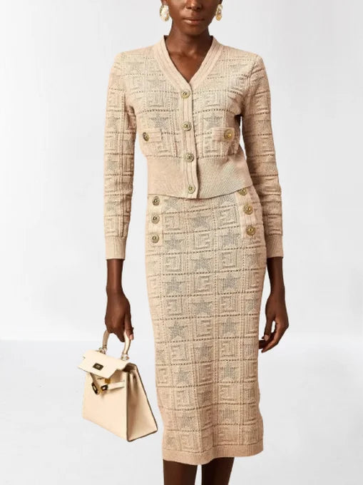 Knit Star and Monogram Motif Cardigan and Skirt Set - Suits & Sets