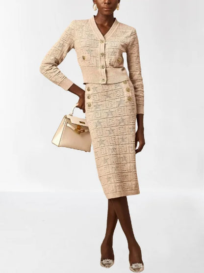 Knit Star and Monogram Motif Cardigan and Skirt Set - M - Suits & Sets