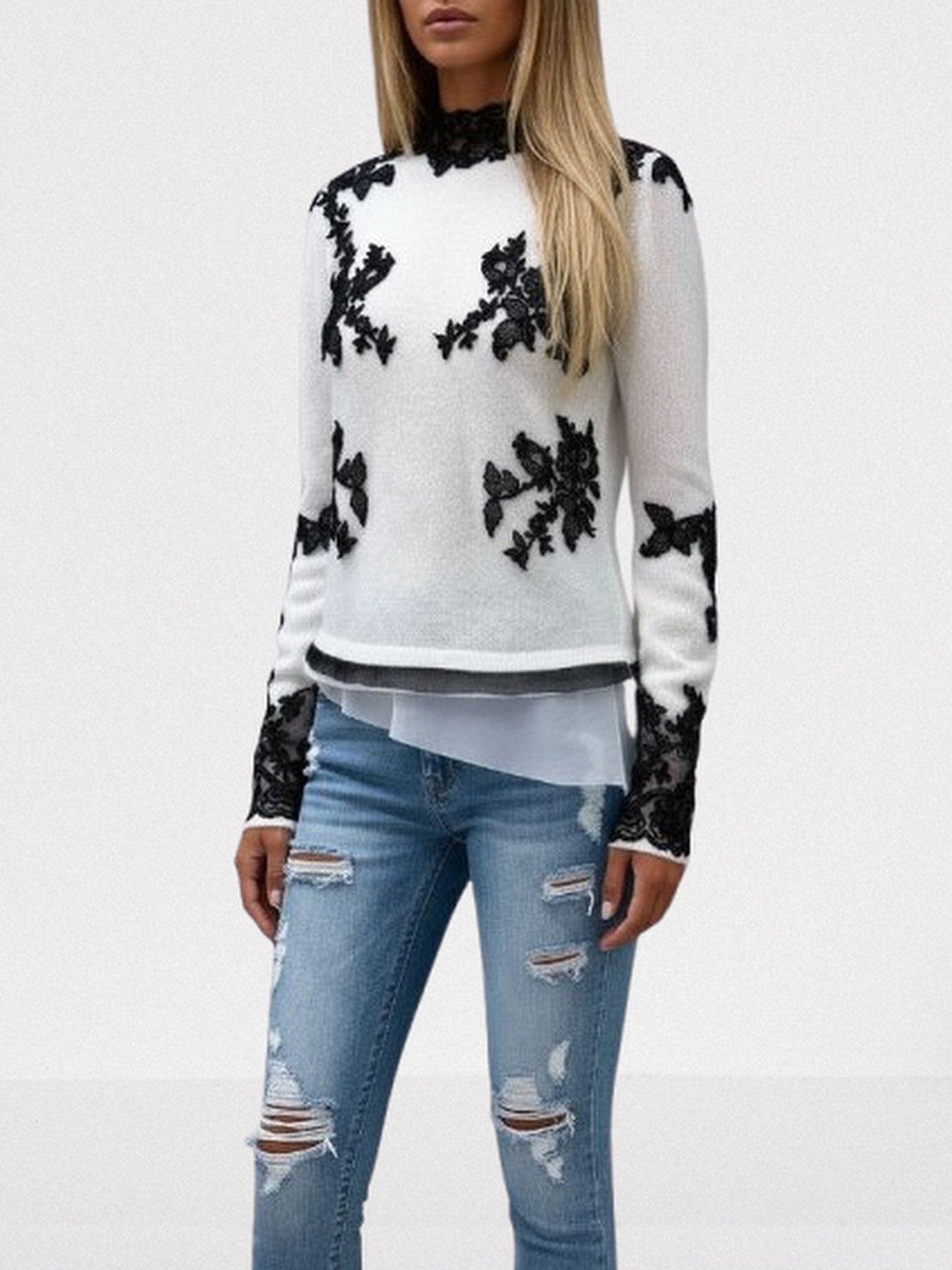 Knit Sweater in White with Black Lace Appliqués - Sweaters & Knitwear