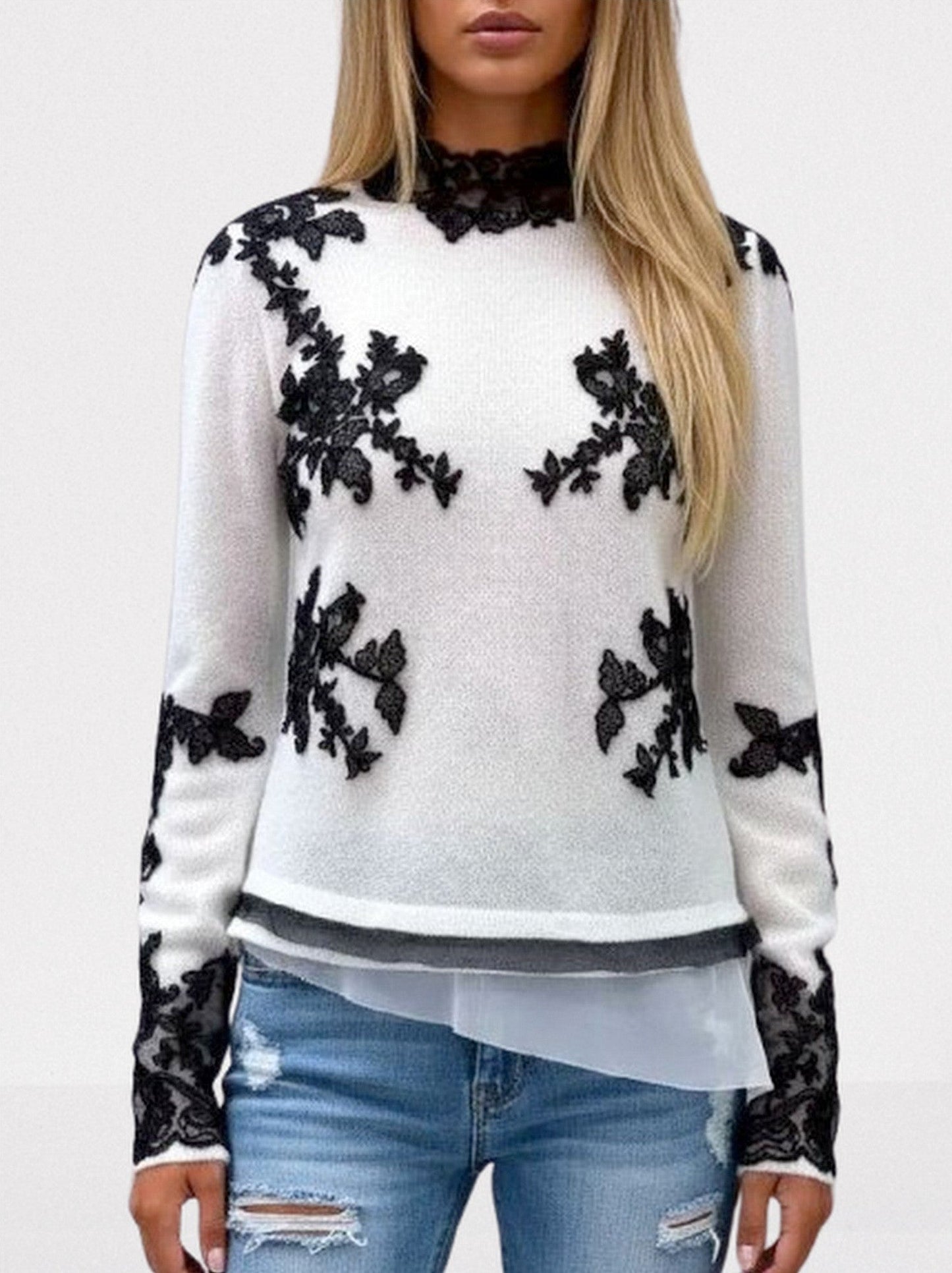 Knit Sweater in White with Black Lace Appliqués - Small - Sweaters & Knitwear