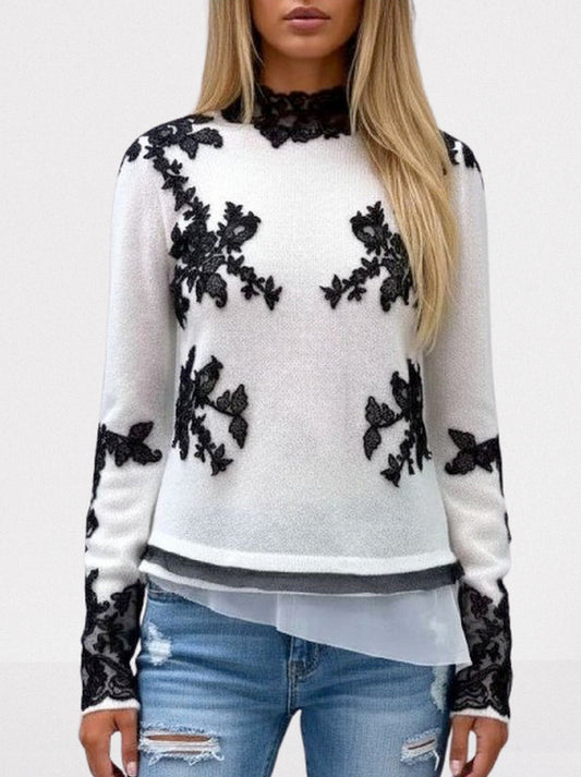 Knit Sweater in White with Black Lace Appliqués - Small - Sweaters & Knitwear