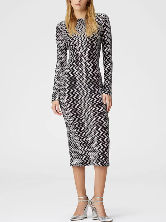 Knit Zig Zag Black and White Long Sleeve Stretch Midi Dress - Dresses