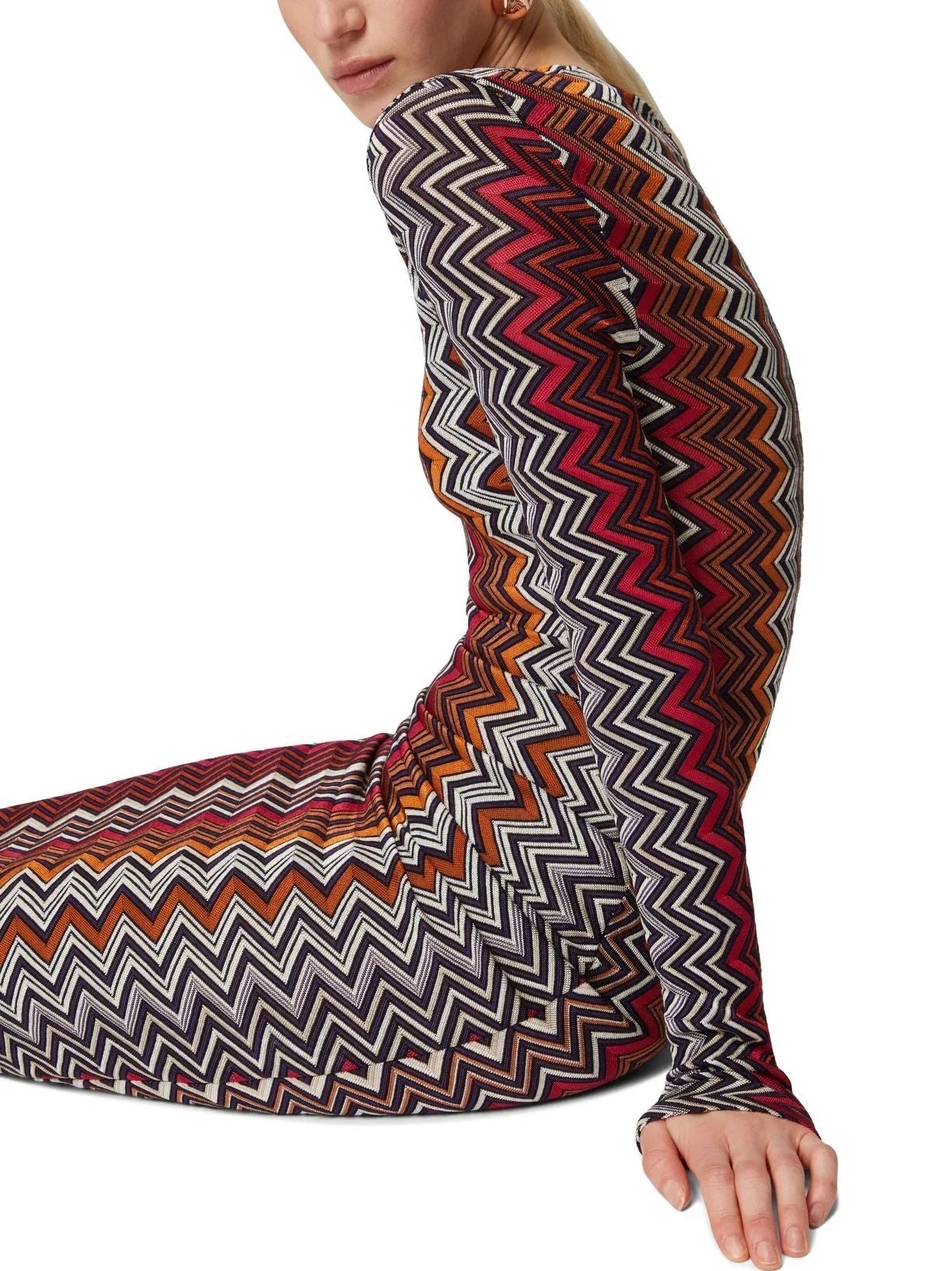 Knit Zig Zag Multicolored Long Sleeve Stretch Midi Dress - Dresses