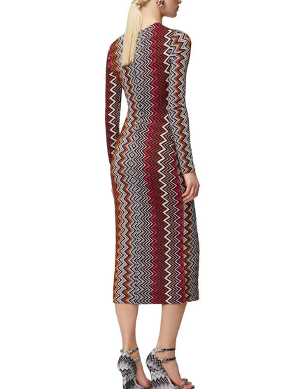 Knit Zig Zag Multicolored Long Sleeve Stretch Midi Dress - Dresses