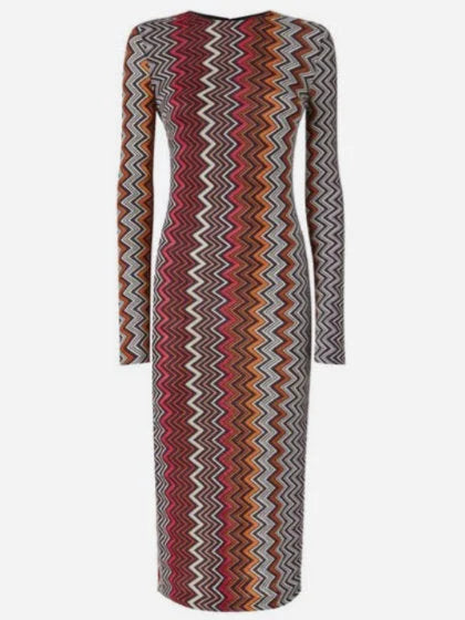Knit Zig Zag Multicolored Long Sleeve Stretch Midi Dress - Dresses