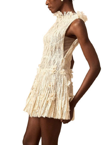 Lace and Mesh A-Line Mini Dress in Light Beige - Dresses