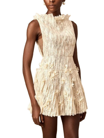 Lace and Mesh A-Line Mini Dress in Light Beige - Dresses