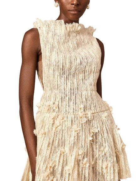 Lace and Mesh A-Line Mini Dress in Light Beige - Dresses