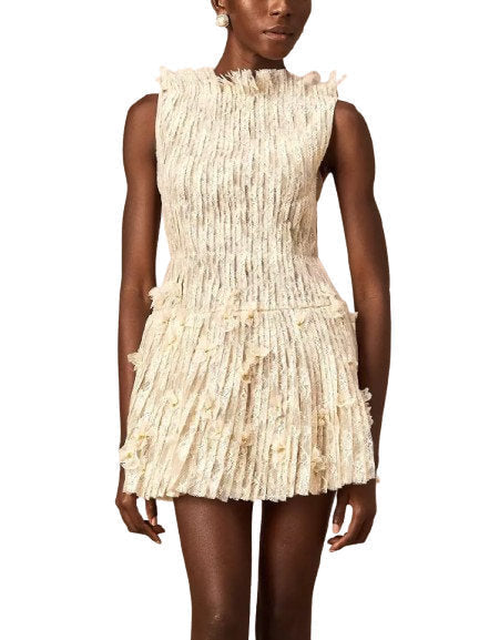 Lace and Mesh A-Line Mini Dress in Light Beige - Dresses