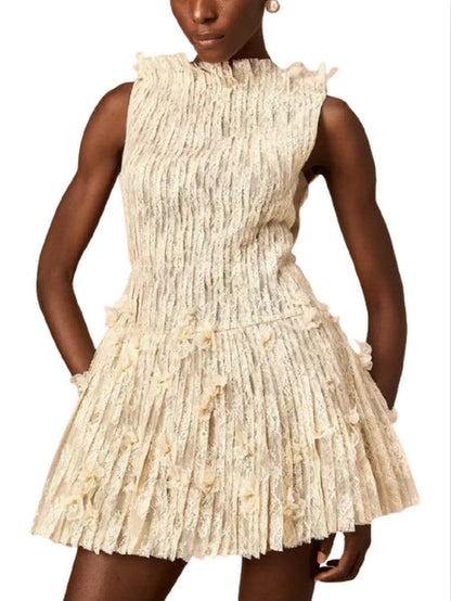 Lace and Mesh A-Line Mini Dress in Light Beige - Dresses